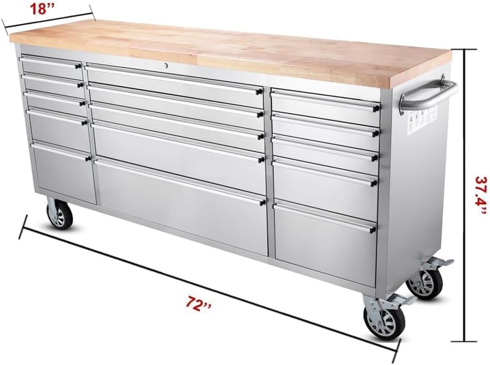 AnorTrek 72 inch Tool Chest with 15 Drawers for Garage, Workbench and Repair Store, Tool Cabinet in Stainless Steel (72 inch - Stainless Steel)