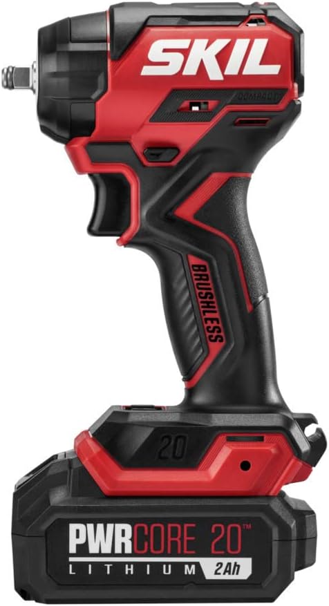 SKIL PWR CORE 20 Brushless 20V 3/8-Inch Compact Impact Wrench Kit with 3-Speed & Halo Light, Includes 2.0Ah Battery and PWR Jump Charger - IW6739B-10
