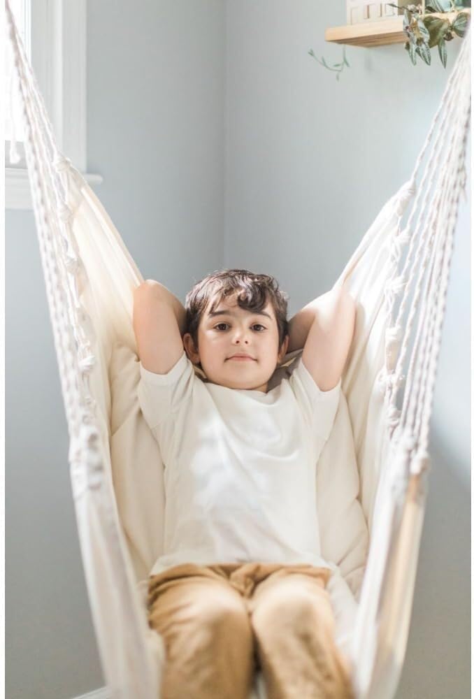 Cream White Hammock Chair, Macrame Hanging Chair for Bedroom, Porch or Balcony, Swinging Bed Seat, 53' L x 33' W, Cozy Relaxation Spot