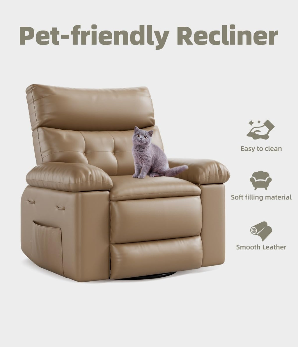 GarveeHome Recliner Chair, 360° Swivel Rocker Recliners with Heat & Massage, Soft Lazy Boy Recliner Chair with 2 Cup Holders and Side Pocket for Living Room Bedrooms and Nurseries (Modern, Tan)