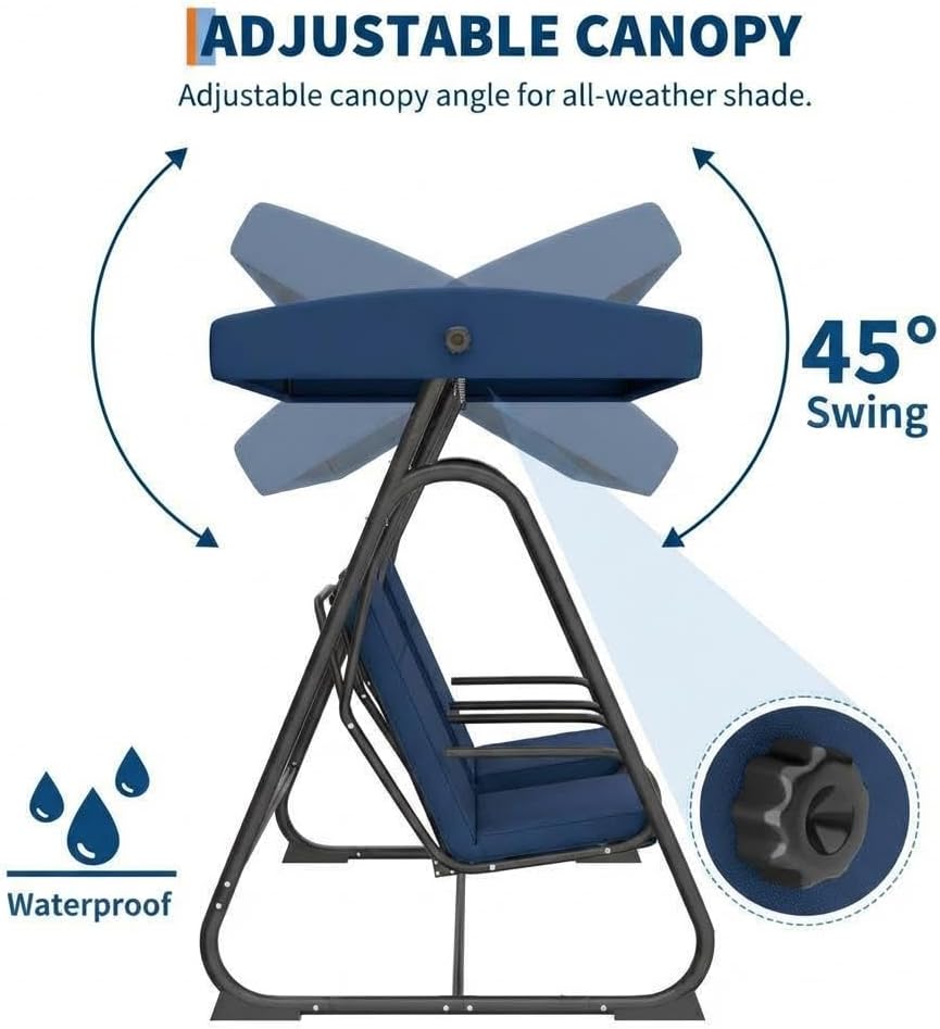 GarveeLife 2 Person Porch Swing Chair, Heavy Duty Outdoor Patio Swing Glider with Adjustable Canopy & Removable Cushions, Independent Swing Chairs for Garden, Balcony, Poolside, Backyard, Dark Blue