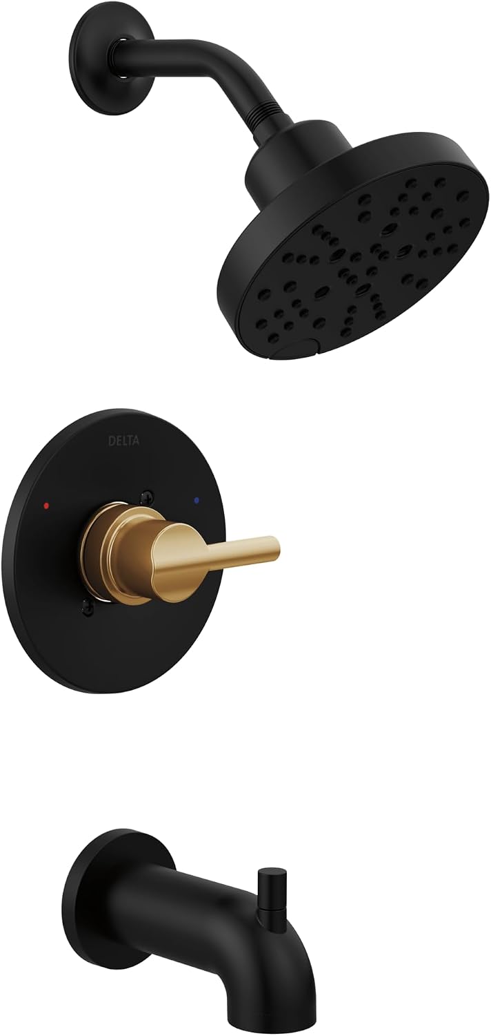 Delta Nicoli 14 Series H2Okinetic Bathtub and Shower Faucet Set, Matte Black/ Brushed Gold Shower Head and Handle Set, Valve Trim Kit, Matte Black/ Champagne Bronze 144749-GZ (Valve Included)