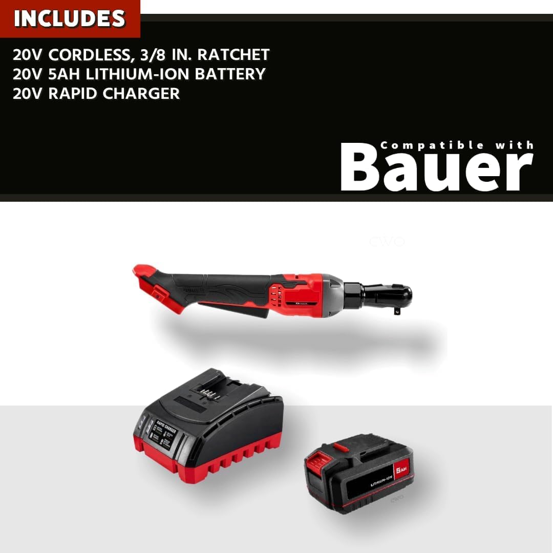 20-Volt Lithium-Ion Cordless Combo Kit (Complete Power Tool Bundle) with 20V Cordless, 3/8 in. Ratchet, 5Ah Lithium Ion Battery & Rapid Charger - Compatible with BAUER 20V Tools