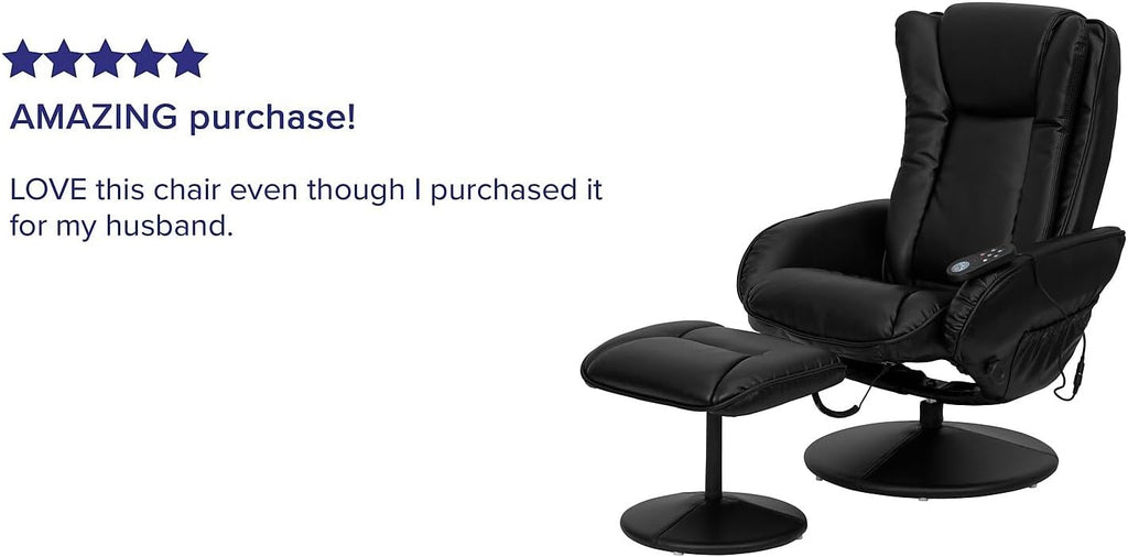 Flash Furniture Poppy Massaging Multi-Position Plush Recliner with Side Pocket and Ottoman in Black LeatherSoft