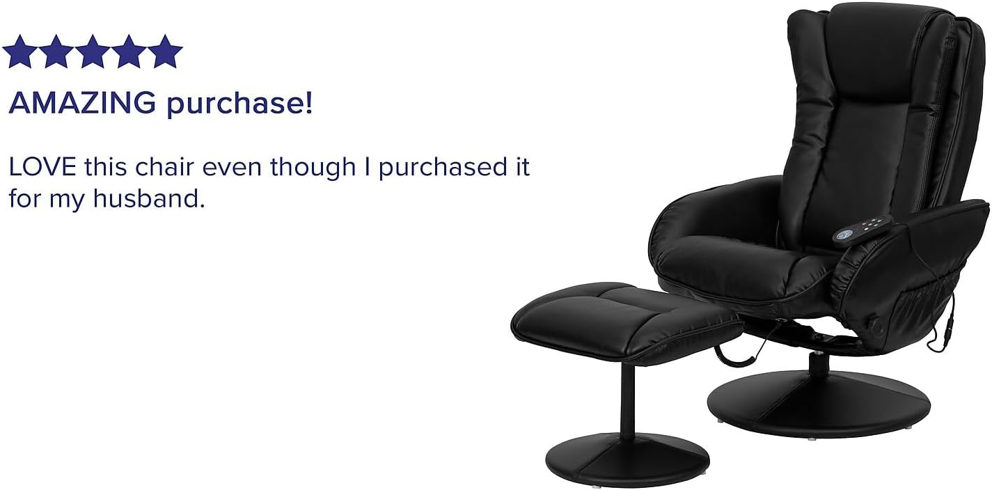 Flash Furniture Poppy Massaging Multi-Position Plush Recliner with Side Pocket and Ottoman in Black LeatherSoft