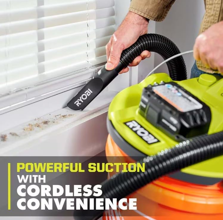 RYOBI ONE+ 18V Cordless 5 Gal. Wet/Dry Vacuum Kit with 1-1/4 in. Hose, Crevice Tool, 4.0 Ah Battery, and Charger