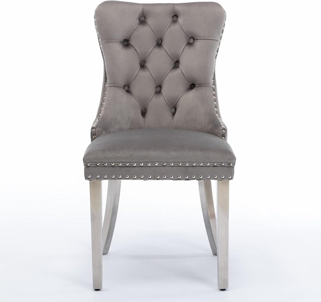 Ball & Cast Contemporary Upholstered Dining Chairs Set of 2, Velvet Button Tufted Kitchen Side-Chairs with Hang Ring & Nailhead Trims & Chrome Solid Wood Legs, 2-Piece Traditional Chair, Chrome+Gray
