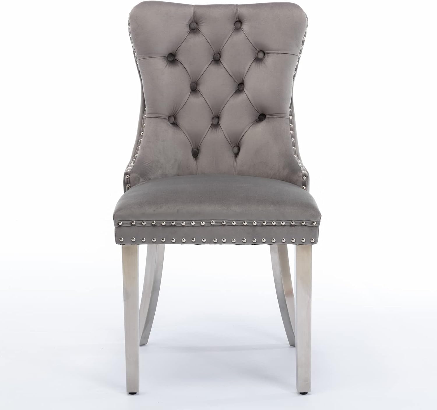 Ball & Cast Contemporary Upholstered Dining Chairs Set of 2, Velvet Button Tufted Kitchen Side-Chairs with Hang Ring & Nailhead Trims & Chrome Solid Wood Legs, 2-Piece Traditional Chair, Chrome+Gray