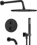 Gabrylly Thermostatic Shower System with Tub Spout, All Metal Bathtub Shower Faucets Set with Anti Scald Shower Valve, High Pressure 10' Rain Shower head with Handheld Spray Combo, Matte Black