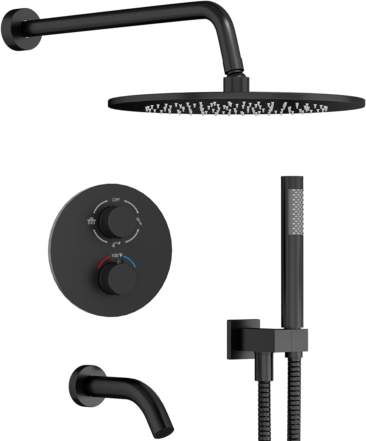 Gabrylly Thermostatic Shower System with Tub Spout, All Metal Bathtub Shower Faucets Set with Anti Scald Shower Valve, High Pressure 10' Rain Shower head with Handheld Spray Combo, Matte Black