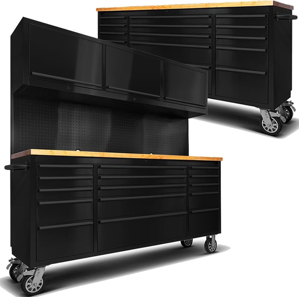 2 Pack - 72' Rolling Tool Chest with 15 Drawers + 3 Upper Cabinets, Mobile Workbench, Assembled Large Tool Box Lockable Storage Cabinet with Wheels (1 × HTC7218PC + 1 × HTC7215PC-1)