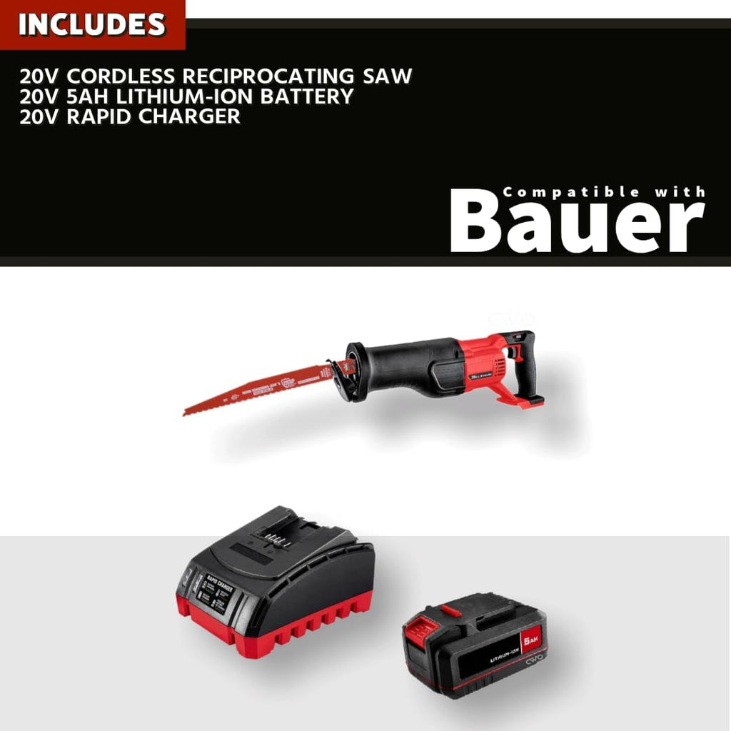 NEW! 20-Volt Lithium-Ion Cordless Combo Kit (Complete Power Tool Bundle) with 20V Brushless Cordless Reciprocating Saw, 5Ah Lithium Ion Battery & Rapid Charger - Fits All BAUER 20V Tools