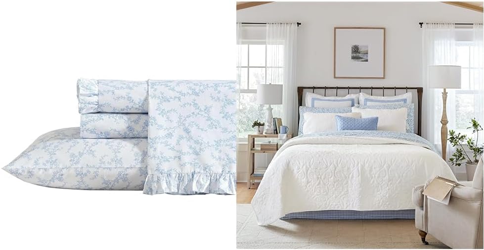 Laura Ashley - Twin/Twin XL Bedding Bundle, Reversible Comforter with Matching Sham & Cotton Percale Sheet Set, Deep Pocket, Dorm Essentials (Blue/White)