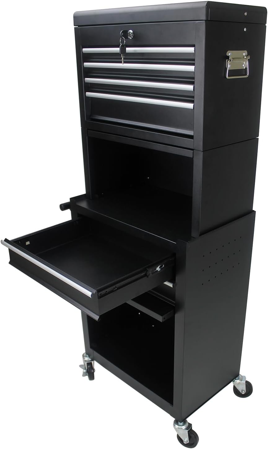 Rolling Tool Chest with 6 Drawers, Lockable Steel Tool Cabinet on Wheels with Detachable Top Box, Garage Workshop Storage Organizer, 2-in-1 Tool Box