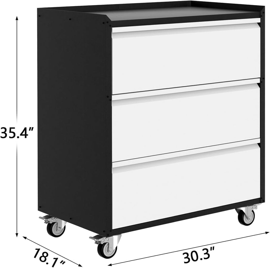 Metal Storage Cabinet with 3 Drawers on Wheels – Heavy Duty Mobile Rolling Tool Cart and Tool Chest for Garage, Workshop, Home, Office, Warehouse – Gray