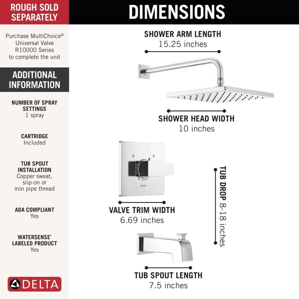 Delta Modern 14 Series Square Rain Bathtub and Shower Faucet Set, Rainfall Chrome Shower Head and Handle Set, Valve Trim Kit, 10 Inch, Chrome T14468-PP (Valve Not Included)