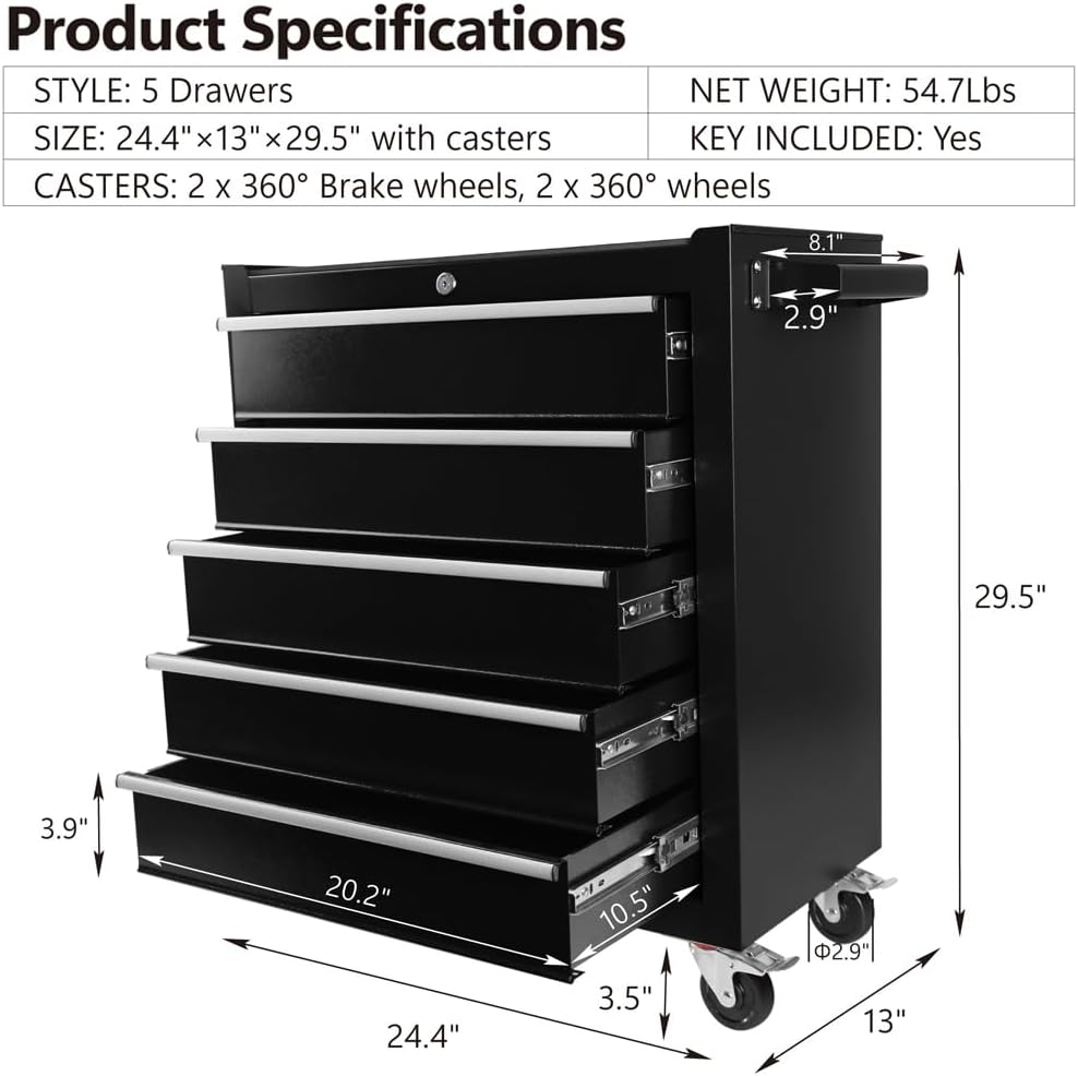 Black 5 Drawer Rolling Tool Cart - Lockable Home Repair Tool Storage Organizer with Wheels for Mechanic Garage, Workshop & Home Crafts Use