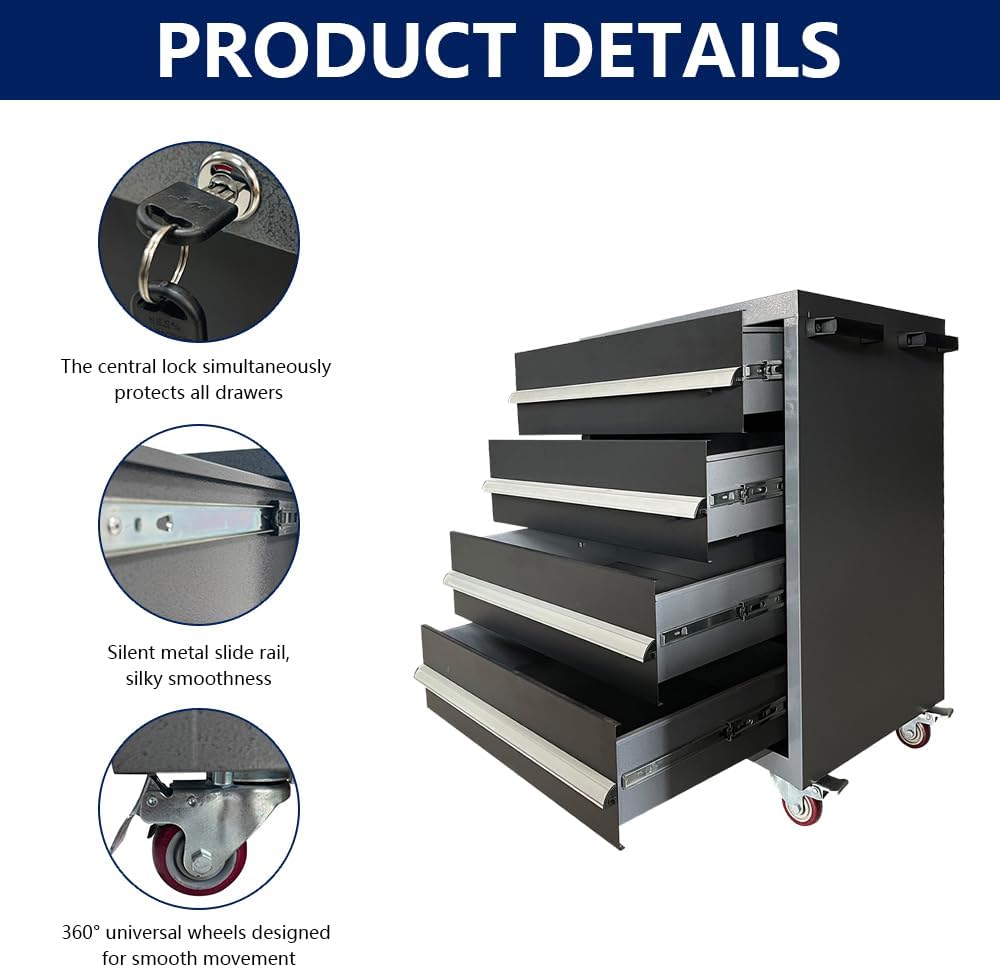 JZD Tool Chests with 4-Drawer Rolling Tool Storage Cabinet,Lock Garage Tool Box on Wheels