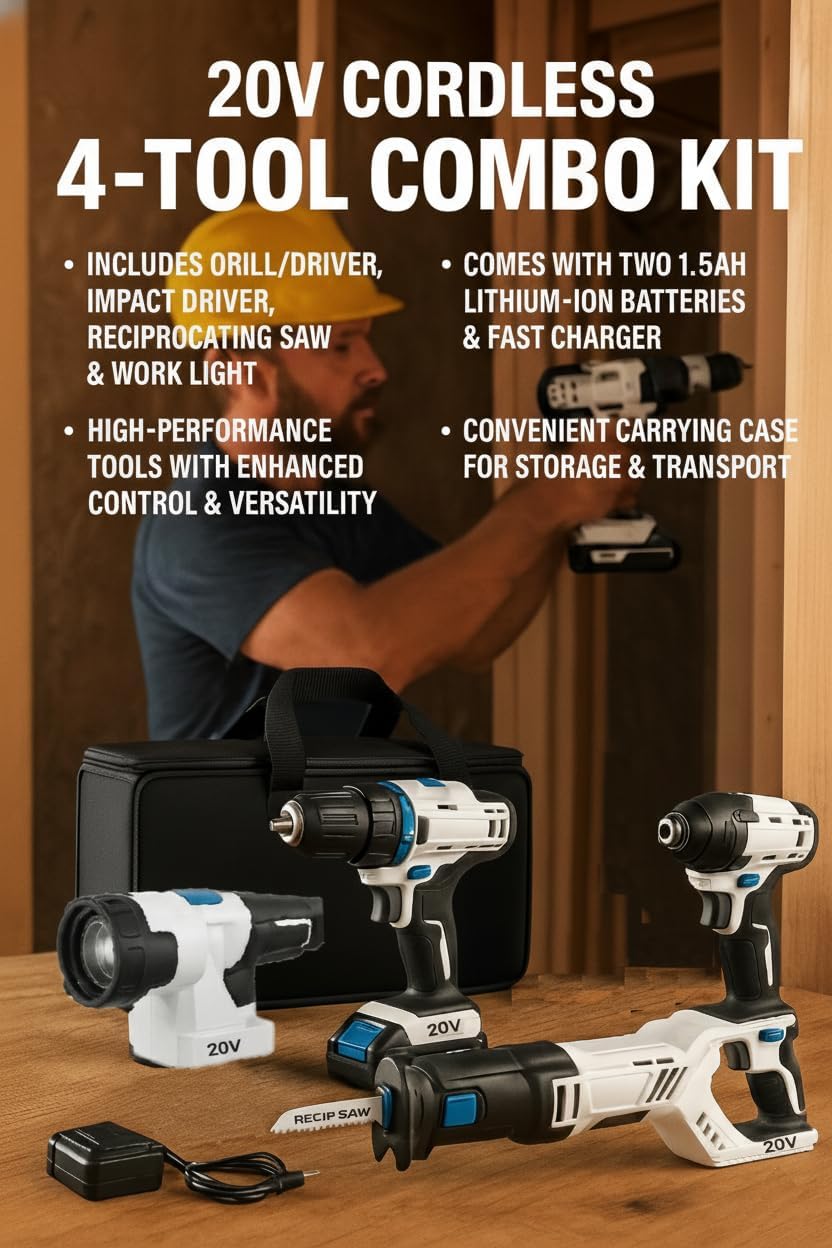 20V Cordless 4-Tool Power Kit with Drill/Driver, Impact Driver, Reciprocating Saw & LED Work Light - Includes Two 1.5Ah Lith-Ion Batteries, Fast Charger & Carry Bag – Compatible with HART 20V Platform