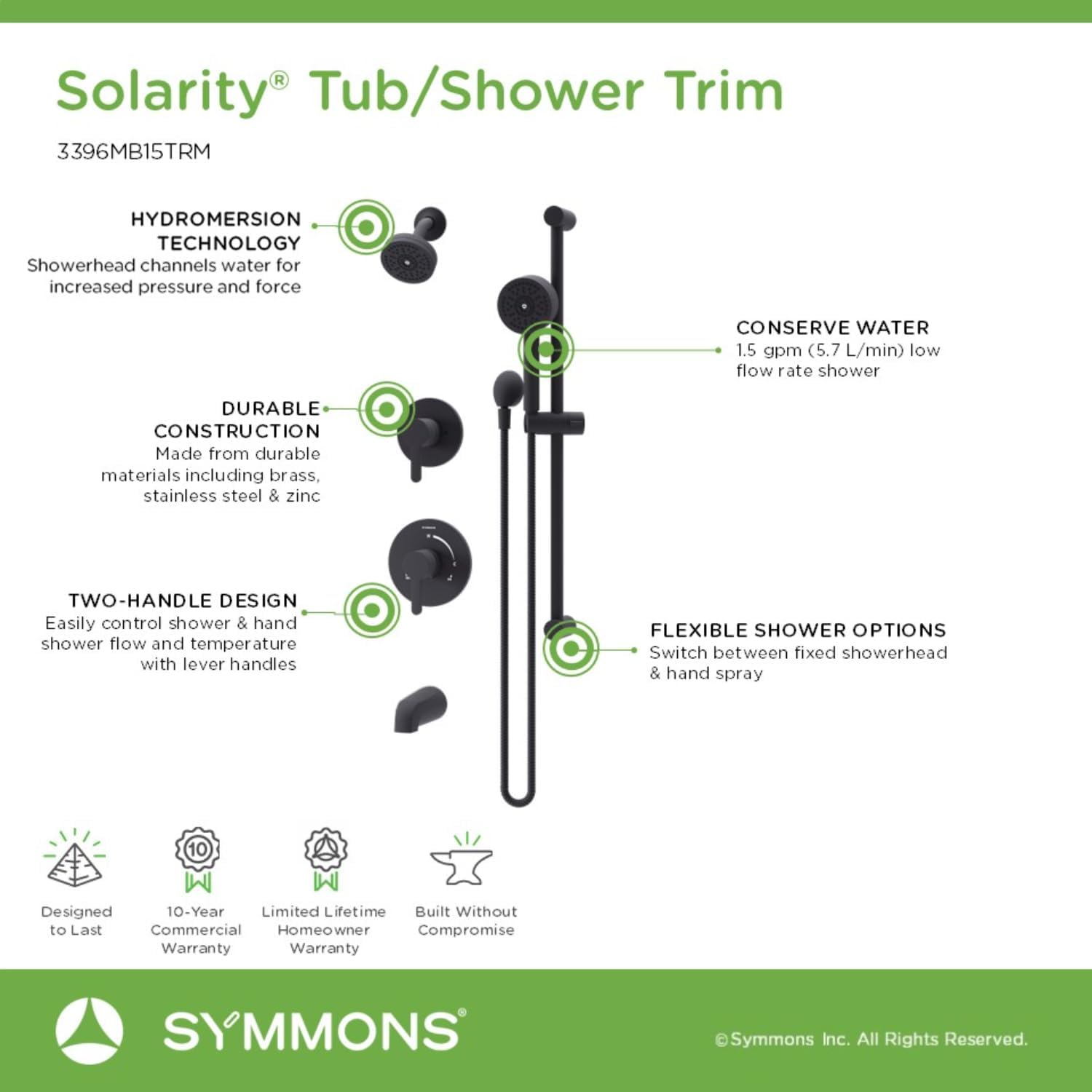 Solarity HydroMersion Double Handle Tub and Shower Trim Kit with Hand Spray in Matte Black