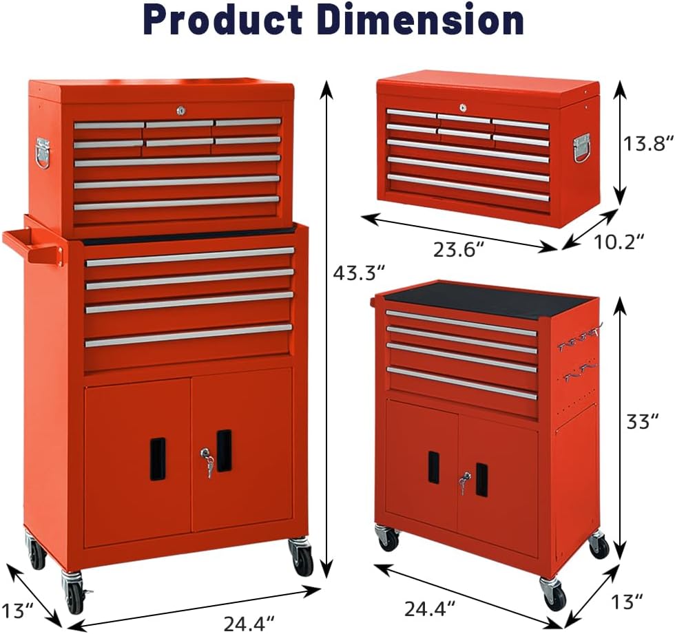 13-Drawer Rolling Tool Chest with Double Doors, 2 in 1 Detachable Rolling Tool Chest with Drawers, Metal Large Lockable Tool Box，Mobile Tool Cabinet Combo for Garage Workshop (Red)