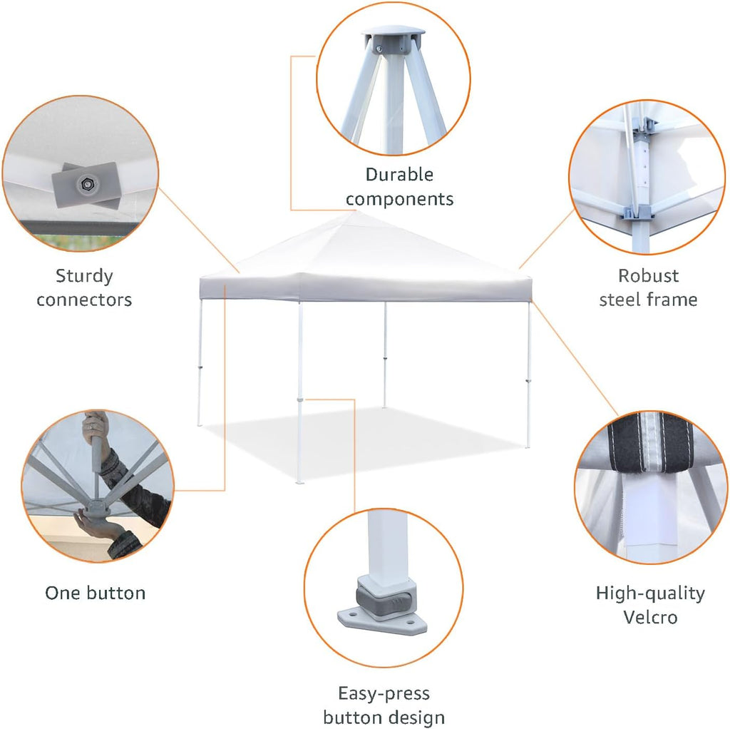Amazon Basics Outdoor Pop Up 10 x 10 Canopy Tent for Events, Portable with Instant Easy Setup, One-Push, Includes Wheeled Carry Bag, 8 Stakes, 4 Ropes, 4 Weighted Bags, White