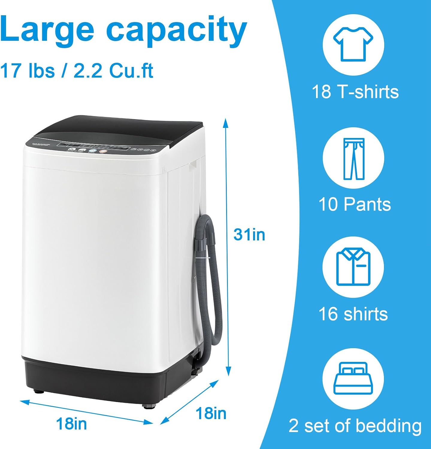 DOGHLY 17 lbs Portable Washing Machine, Full-Automatic Laundry Machine with Stainless Steel Drum, 10 Wash Cycles, Compact Washer and Spin Dryer Combo for Apartment, Dorm, RV