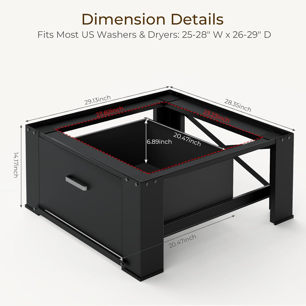 SKM Washer and Dryer Pedestal with Drawer, Laundry Pedestal for Washer and Dryer Stand, Heavy Duty Steel Washing Machine Stand Height Raiser (2, black, 28' W x 29' D x 14' H)