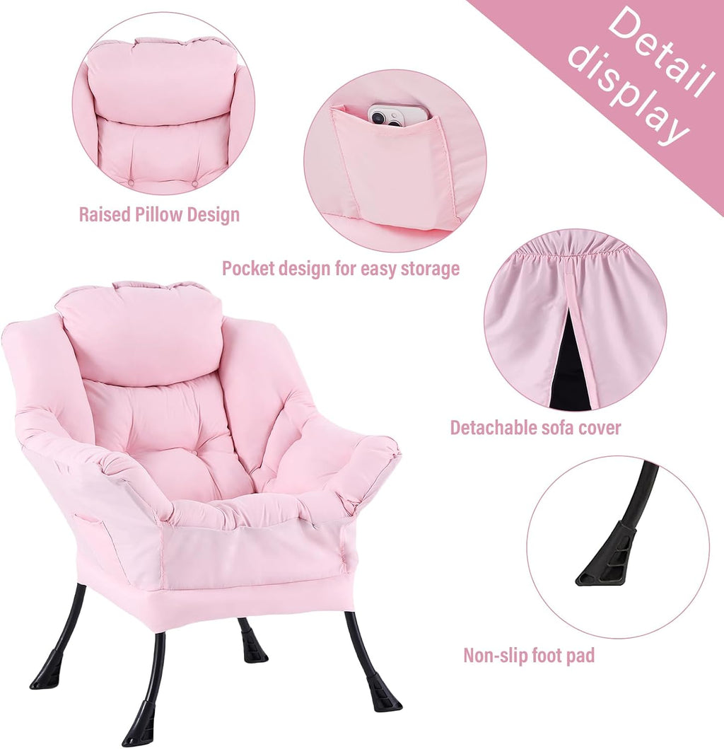 Welnow Pink Lazy Chair with Ottoman, Modern Reading Accent Chair with Armrests and a Side Pocket, Leisure Upholstered Lazy Sofa Set with Footrest for Small Space