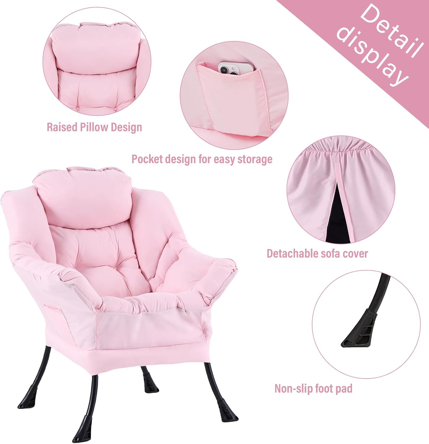 Welnow Pink Lazy Chair with Ottoman, Modern Reading Accent Chair with Armrests and a Side Pocket, Leisure Upholstered Lazy Sofa Set with Footrest for Small Space