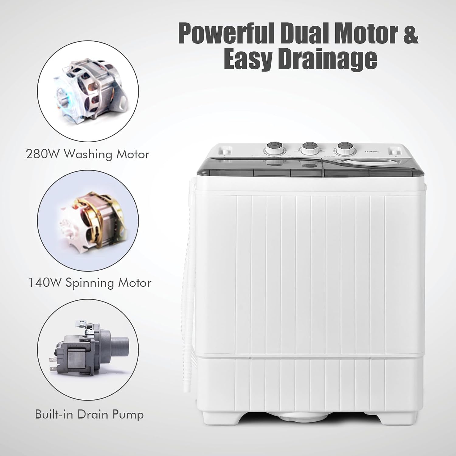 COSTWAY Portable Washing Machine, Twin Tub 26lbs Capacity Laundry, 18lbs Washer and 8lbs Spinner Combo with Timer Knobs, Built-in Drain Pump, Compact Washer for Home Dorm Apartment (Grey+White)