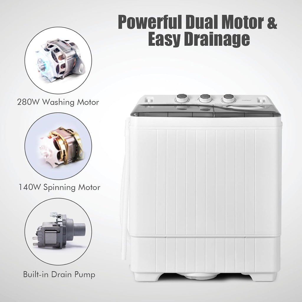 COSTWAY Portable Washing Machine, 2-in-1 Twin Tub 26lbs Capacity Laundry Washer(18lbs) and Spinner(8lbs) with Control Knobs, Timer Function, Drain Pump, Perfect for Home Apartment RV, Grey