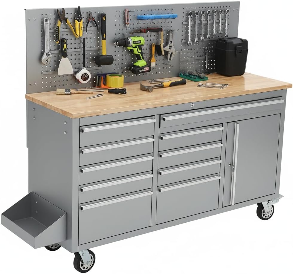 IDEALHOUSE 61-inch Rolling Tool Chest, 10 Drawers Garage Workbench Storage Tool Cabinet with Power Strip, Solid Rubber Wood Top, 1675 LBS Load Mobile Workstation, Heavy Duty Rolling Cabinet, Silver