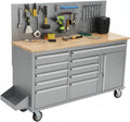 IDEALHOUSE 61-inch Rolling Tool Chest, 10 Drawers Garage Workbench Storage Tool Cabinet with Power Strip, Solid Rubber Wood Top, 1675 LBS Load Mobile Workstation, Heavy Duty Rolling Cabinet, Silver