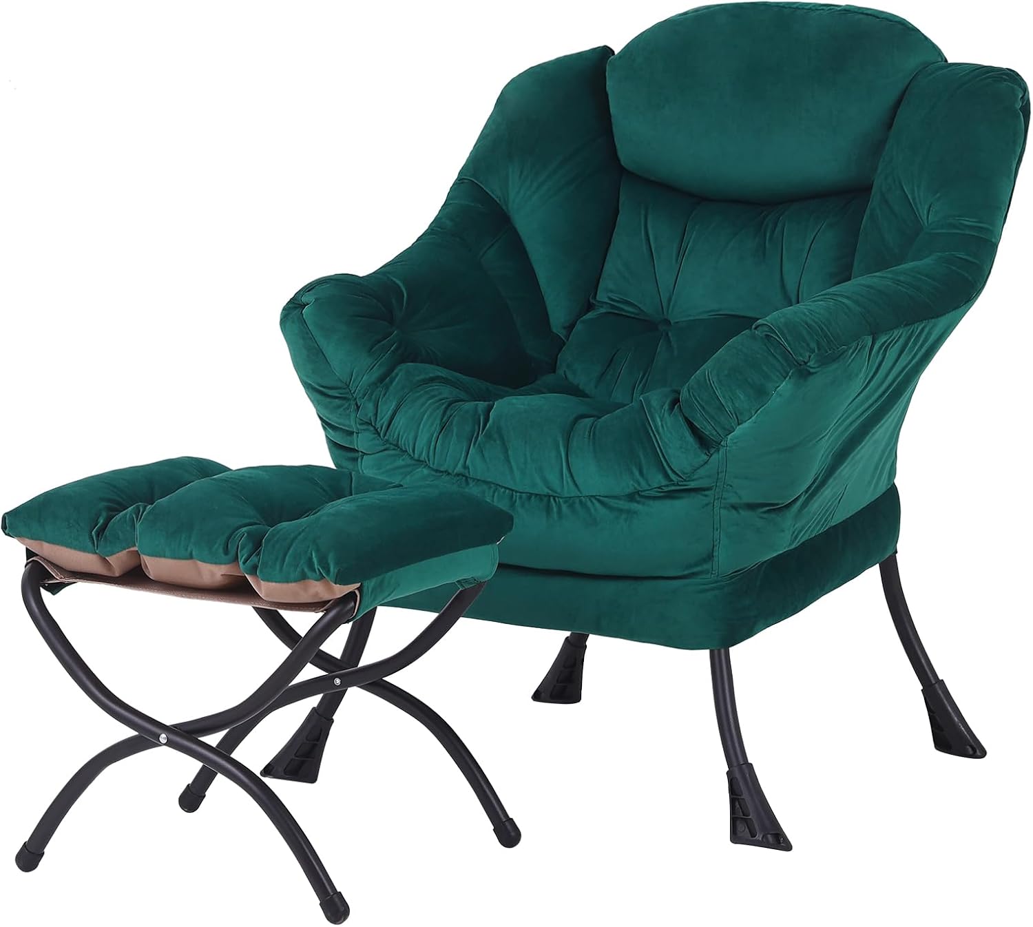Welnow Lazy Chair with Ottoman, Modern Accent Chair with Armrests and a Side Pocket, Leisure Sofa Armchair, Reading Armchair with Footrest for Small Space, Dark Green