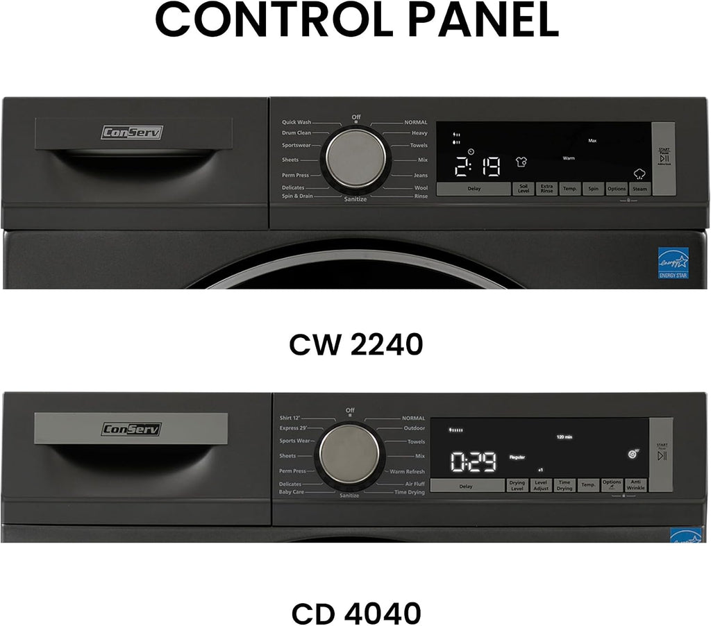 Conserv Front Load Washer & Condensing Dryer, 2.2 cu ft Washer (110V) + 4 cu ft Dryer (220/240V), ENERGY STAR, 15 Cycles, Stainless Steel Drum, LED Display, Compact Laundry Pair (Titanium)