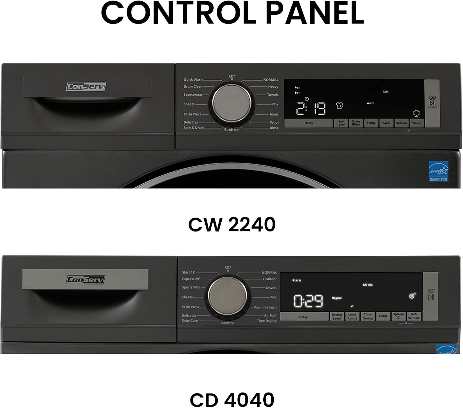 Conserv Front Load Washer & Condensing Dryer, 2.2 cu ft Washer (110V) + 4 cu ft Dryer (220/240V), ENERGY STAR, 15 Cycles, Stainless Steel Drum, LED Display, Compact Laundry Pair (Titanium)