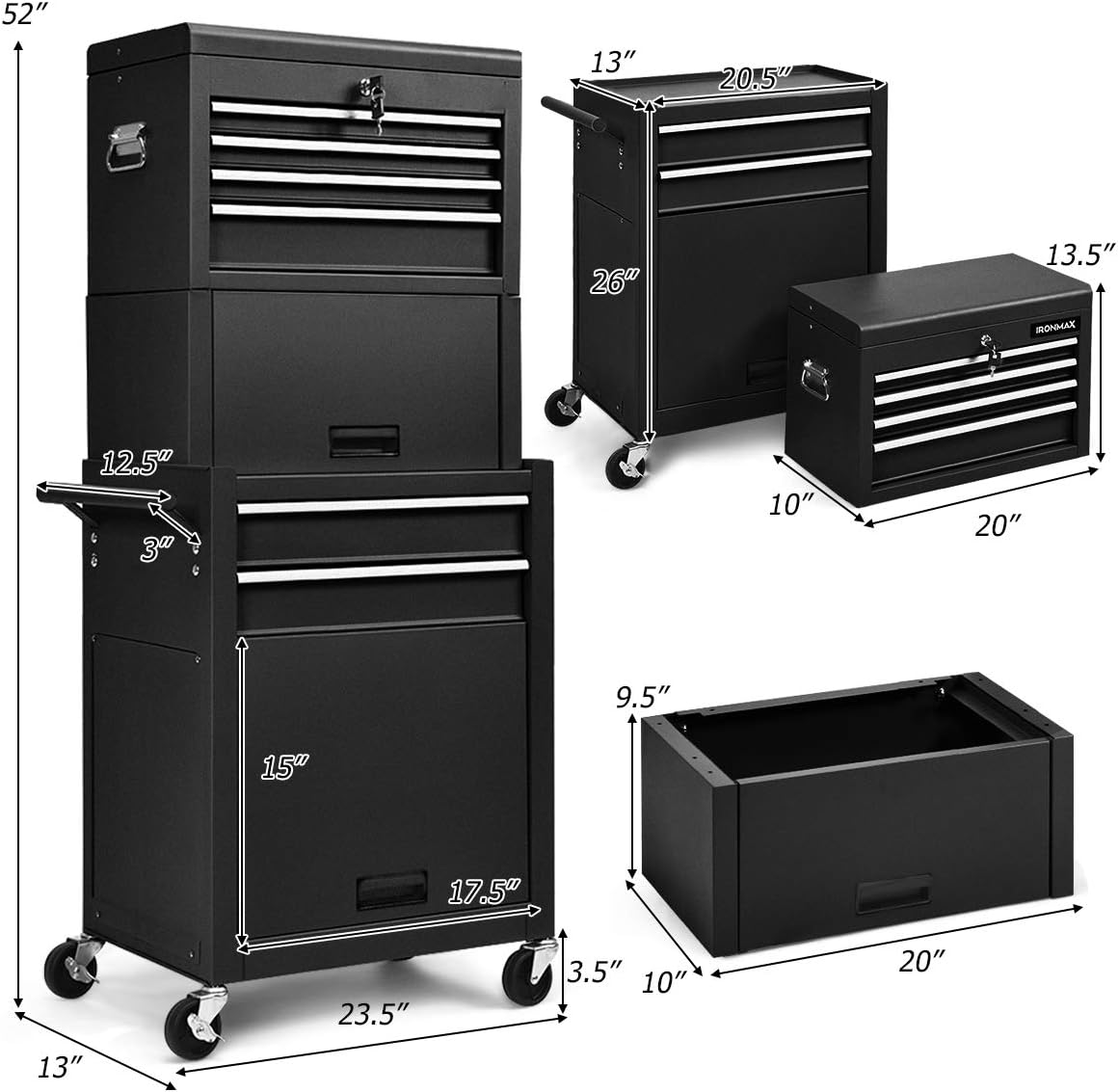 S AFSTAR 6-Drawer Rolling Tool Chest, High Capacity Tool Storage Cabinet with Wheels and Locking System, Removable Toolbox Organizer with Sliding Drawers (Black)
