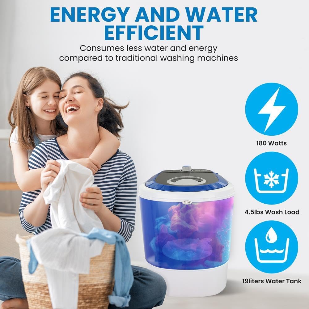 Pyle Upgraded Version Portable Washer - Top Loader Portable Laundry, Mini Washing Machine, Quiet Washer, Rotary Controller, 110V - For Compact Laundry, 4.5 Lbs. Capacity, Translucent Tubs