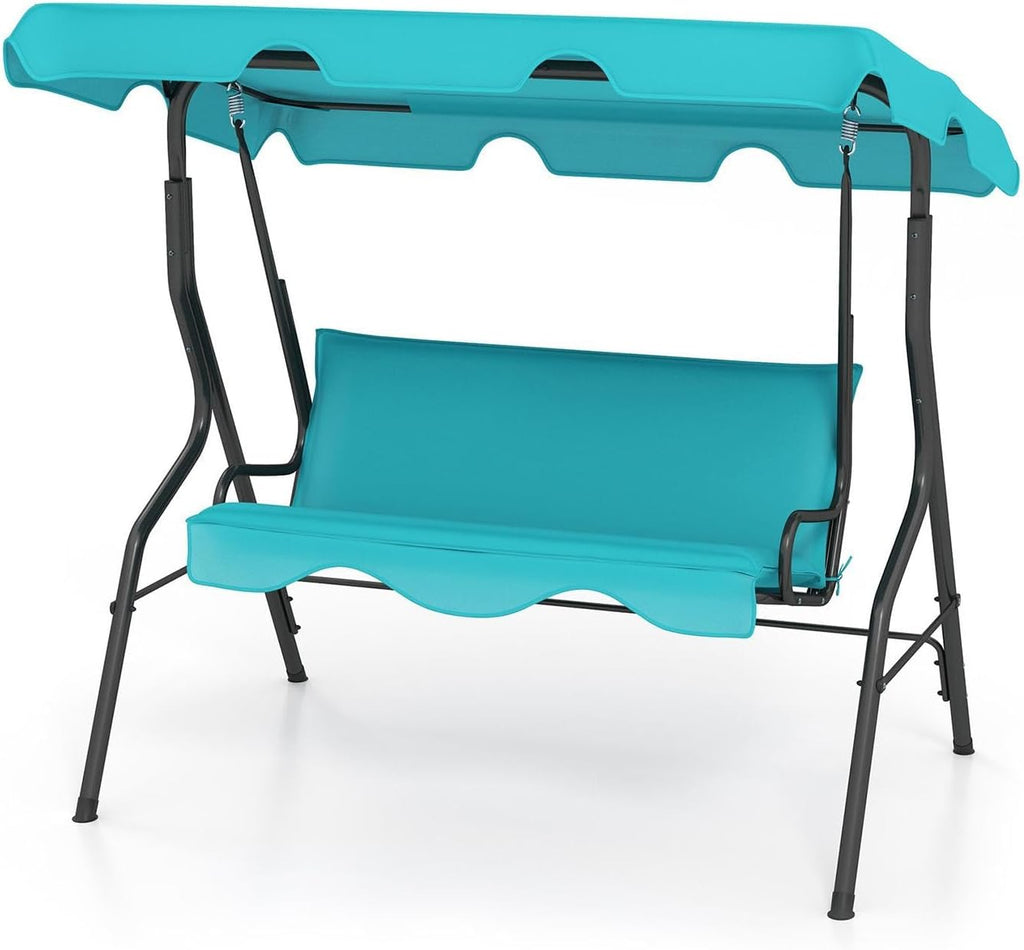 DREAMADE Porch Swing Outdoor, 3 Person Patio Swing w/Removable Cushion, Stand & Adjustable Canopy, Heavy Duty Swing Chair for Patio, Garden, Courtyard, Poolside