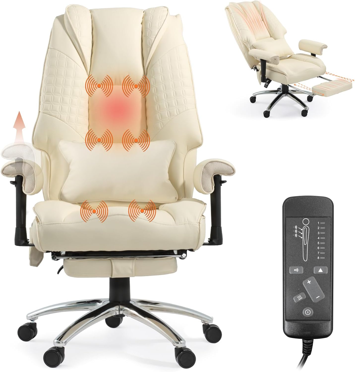 Massage & Heated Office Chair with Foot Rest, Ergonomic Executive Office Chair with Reclining Backrest, Adjustable Arms and Lumbar Support, High Back Leather Desk Chairs for Home Office, Beige