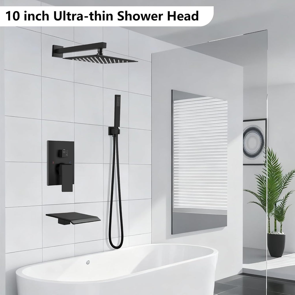 Midanya Shower System with Tub Spout,Bathtub Shower Faucet Set with Square Rainfall Head and Handheld Sprayer Wall Mount Tub Faucet Set with Valve and Trim Kit,10 Inch Matte Black