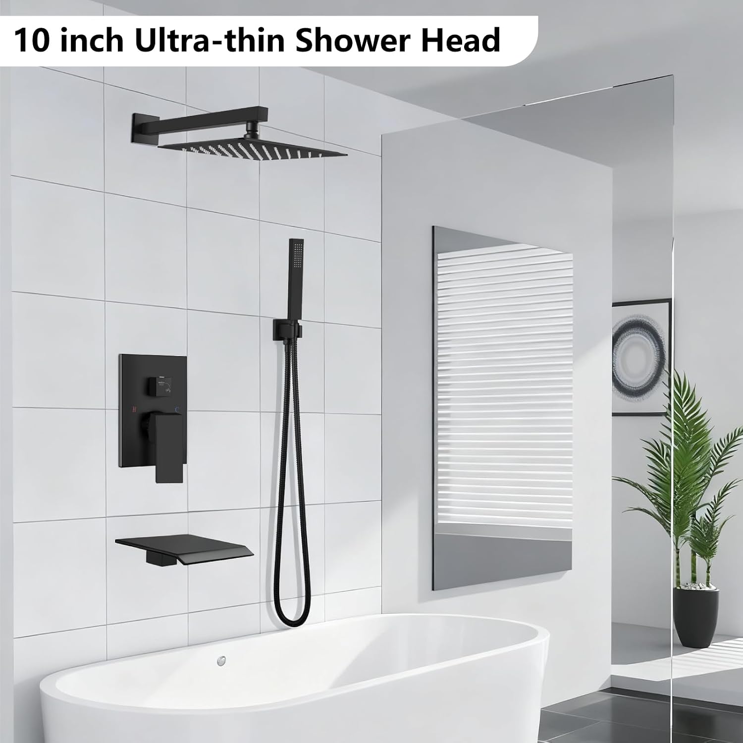 Midanya Shower System with Tub Spout,Bathtub Shower Faucet Set with Square Rainfall Head and Handheld Sprayer Wall Mount Tub Faucet Set with Valve and Trim Kit,10 Inch Matte Black