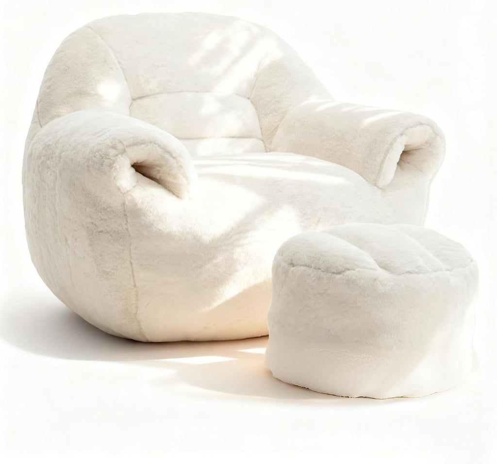 Large Bean Bag Chair with Ottoman, Giant Faux Fur Adult Bean Bag Sofa with Footrest, Ergonomic Lounge Couch for Bedroom, Living Room, Large Comfy Reading Chair Gaming (White, Single, Simple)