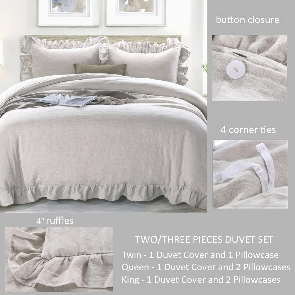MEADOW PARK 100% Stone Washed Linen Duvet Cover Set 3 Pieces, Queen Size 90 inches x 92 inches, Shams 20 inches x 26 inches, Ruffled Style, Button Closure, Corner Ties, Super Soft, Solid Natural color