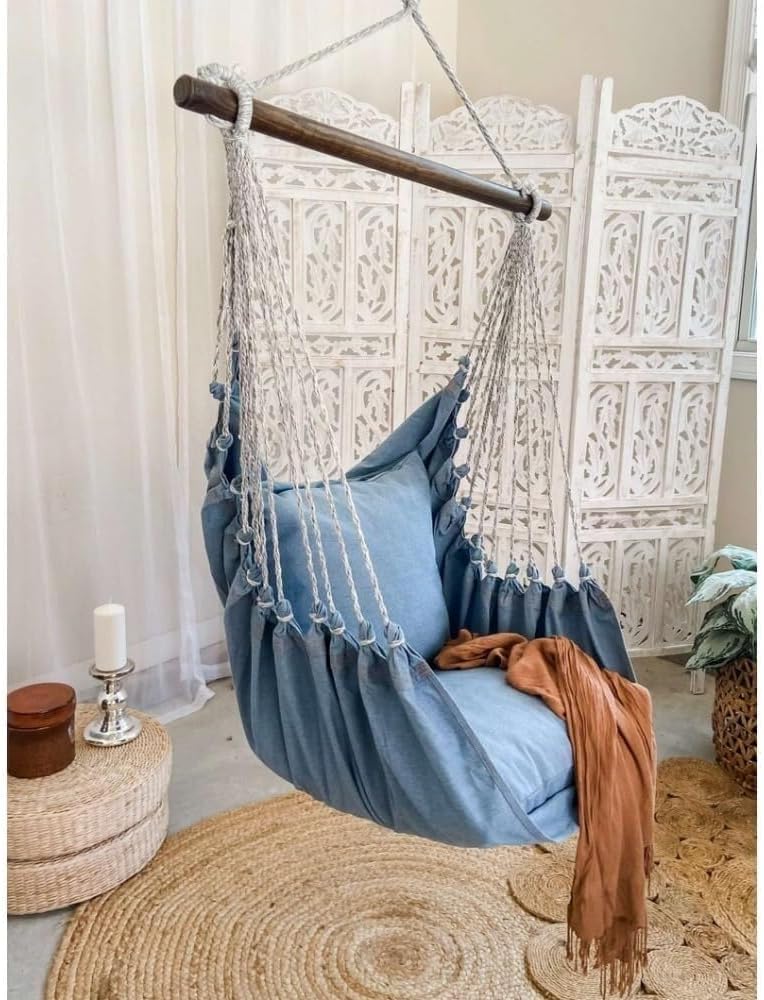 Blue Hammock Chair Swing, Bohemian Hanging Chair for Bedroom & Patio, 53' L x 33' W, Cozy Swinging Reading Chair