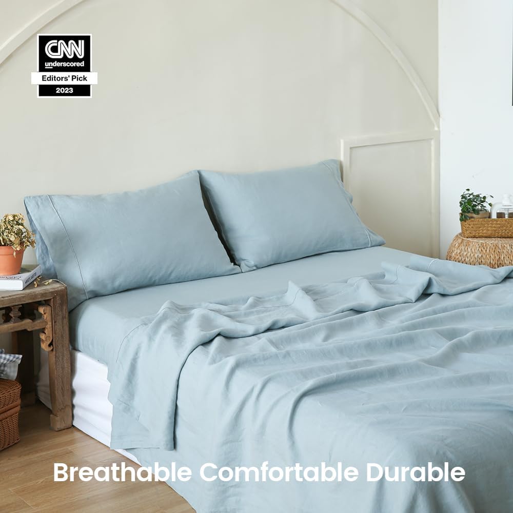 Simple&Opulence 100% Linen Sheet Set with Embroidery Washed - 3 Pieces (1 Flat Sheet & 1 Fitted Sheet & 1 Pillowcase) Natural Flax Soft Bedding Breathable Farmhouse - Dusty Blue, Twin Size
