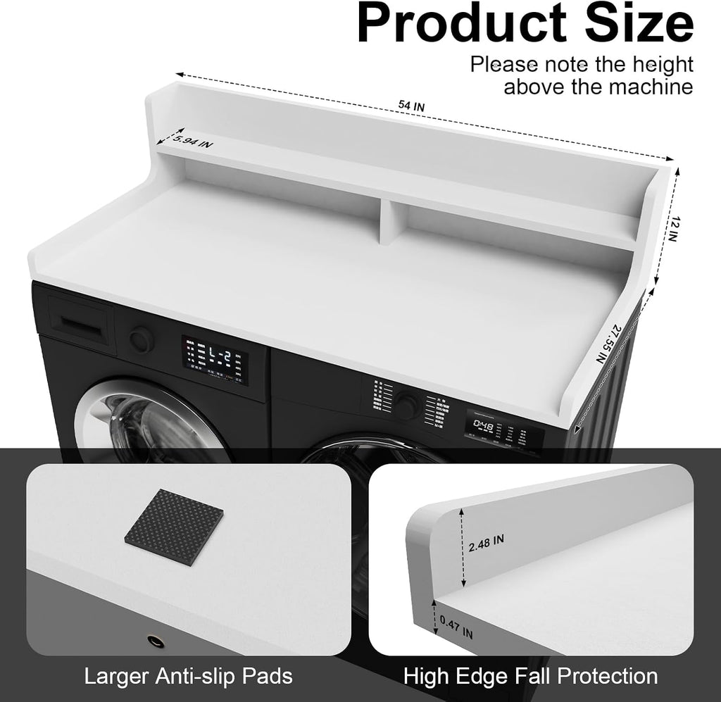 Washer Dryer Countertop, 54' x 27.55' 2-Tier Washer Dryer Topper with Edge, for Laundry Room Organization Whisper White