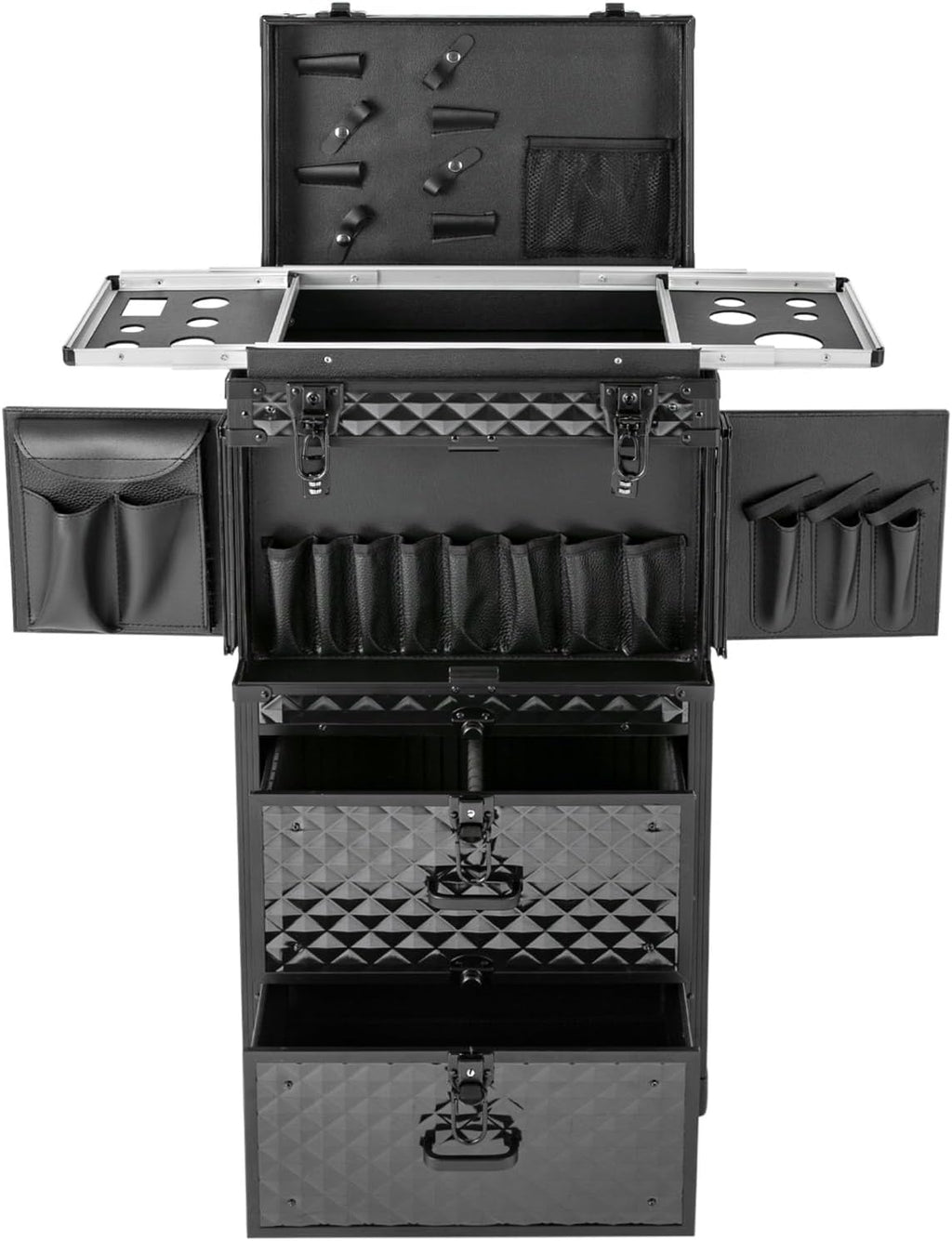 Professional Rolling Lockable Makeup Train Case on Wheels, Hairdressing Trolley Stylist Beauty Salon Cosmetic Luggage Travel Organizer Tool Box for Make-Up Artist, Hairstylist, Nail Artist