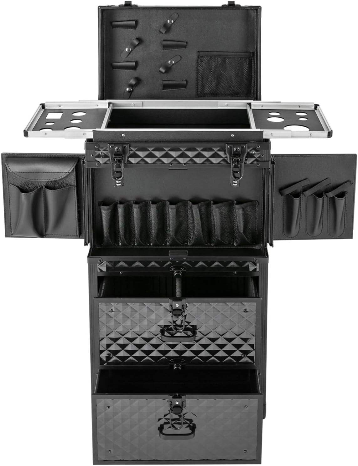 Professional Rolling Lockable Makeup Train Case on Wheels, Hairdressing Trolley Stylist Beauty Salon Cosmetic Luggage Travel Organizer Tool Box for Make-Up Artist, Hairstylist, Nail Artist